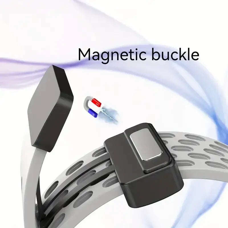 Close-up illustration of magnetic clasp on perforated silicone strap