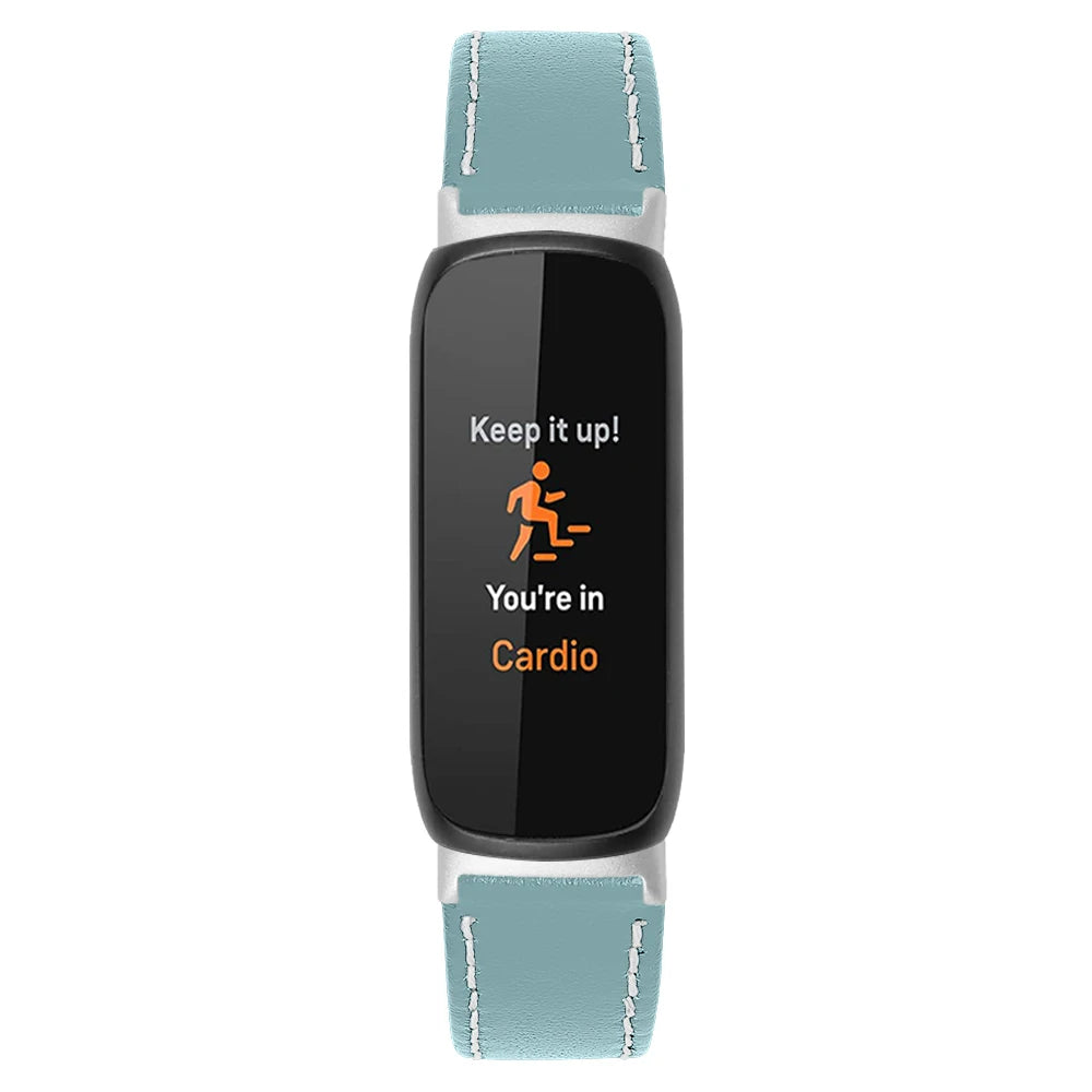 Fitbit Inspire 3 smartwatch with a blue leather band displaying cardio tracking message.