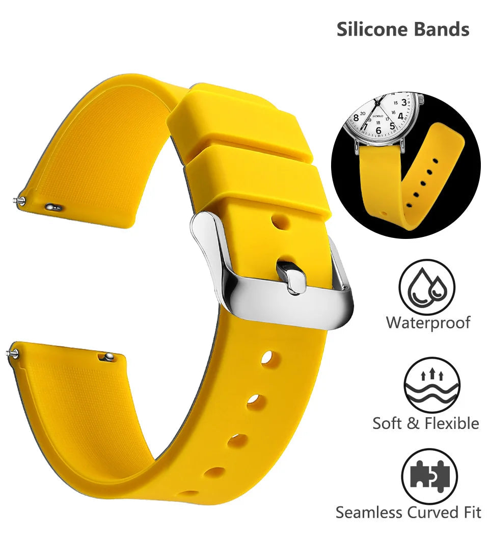 Curved-End Silicone Band in yellow on a watch