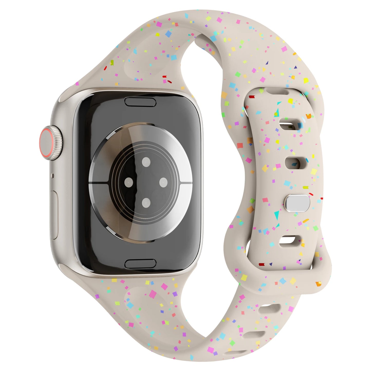 Colorful Apple Watch silicone band with soft design, featuring a speckled pattern and breathable holes for comfort.