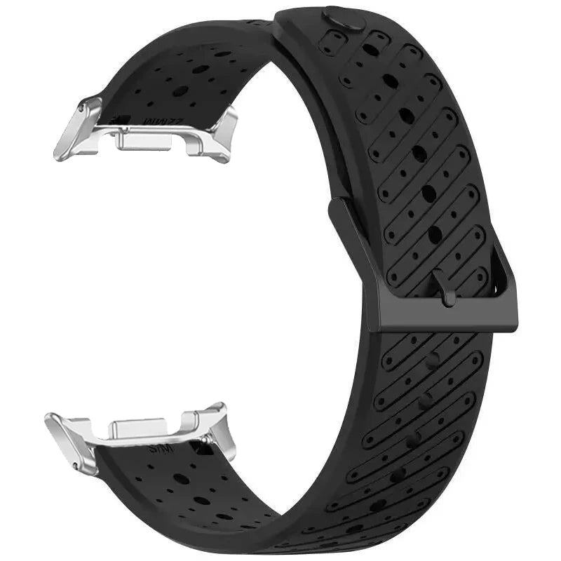 Samsung Galaxy Silicone Sport Watch Band - Watch 8/8 Classic/9 Ultra/Ultra2 Breathable in black-silver color, featuring diagonal vent slits.
