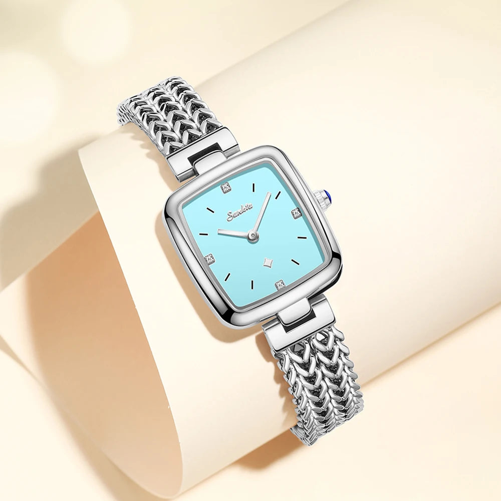 Women's Square Quartz Watch with Braided-Link Bracelet — Aqua dial watch styling