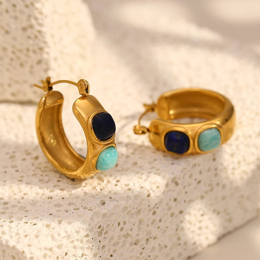 Lapis lazuli and turquoise hoop earrings, gold-tone stainless steel