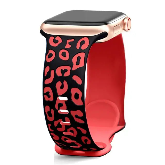 Black / Red leopard-pattern silicone Apple Watch band