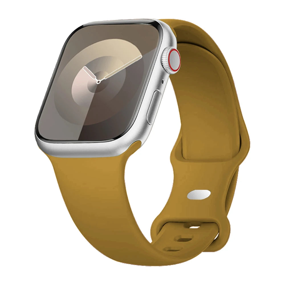 Apple Watch with yellow silicone strap, soft and flexible, waterproof, ideal for active lifestyles.