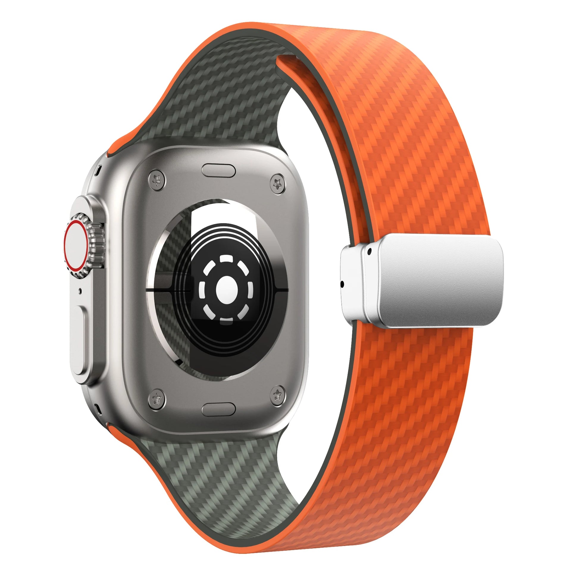 Apple Watch silicone strap with magnetic buckle in vibrant orange, showcasing a durable and stylish design.