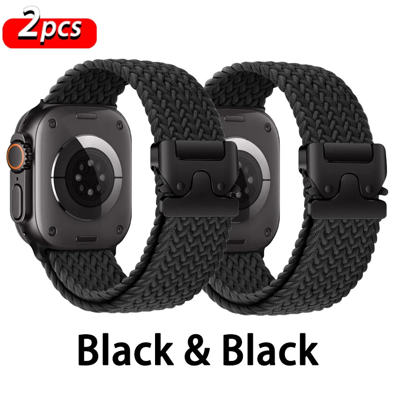 Black braided nylon Apple Watch strap set, breathable and stylish for everyday wear.