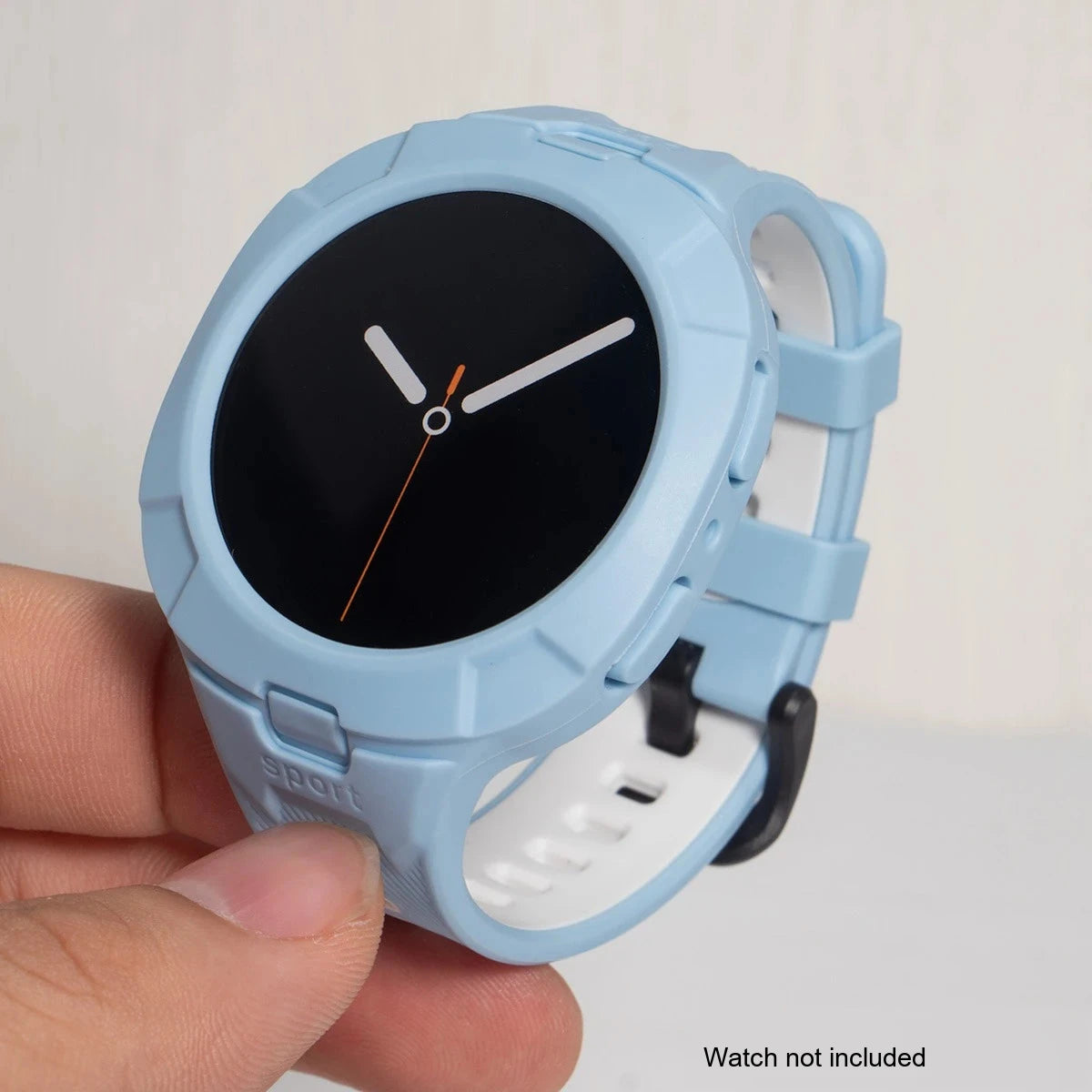 Samsung Galaxy Silicone Sport Watch Band - Case Watch8/Watch8 Classic/Watch9 in light blue with black watch face.