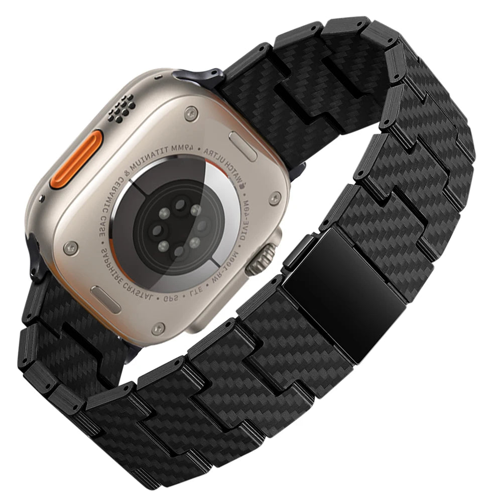 Apple Watch with carbon fiber strap showcasing modern design and durability, ideal for comfort and style.