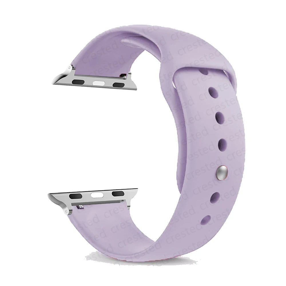 Purple silicone strap for Apple Watch, comfortable and waterproof band for everyday wear.