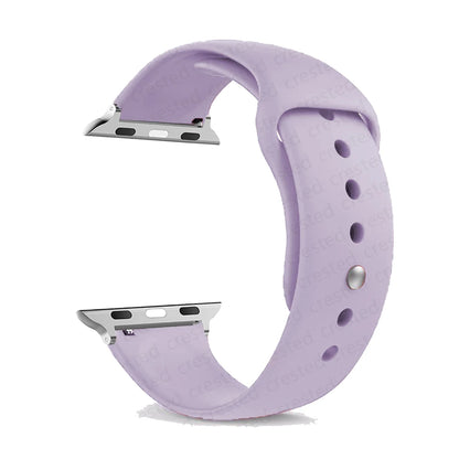 Purple silicone strap for Apple Watch, comfortable and waterproof band for everyday wear.