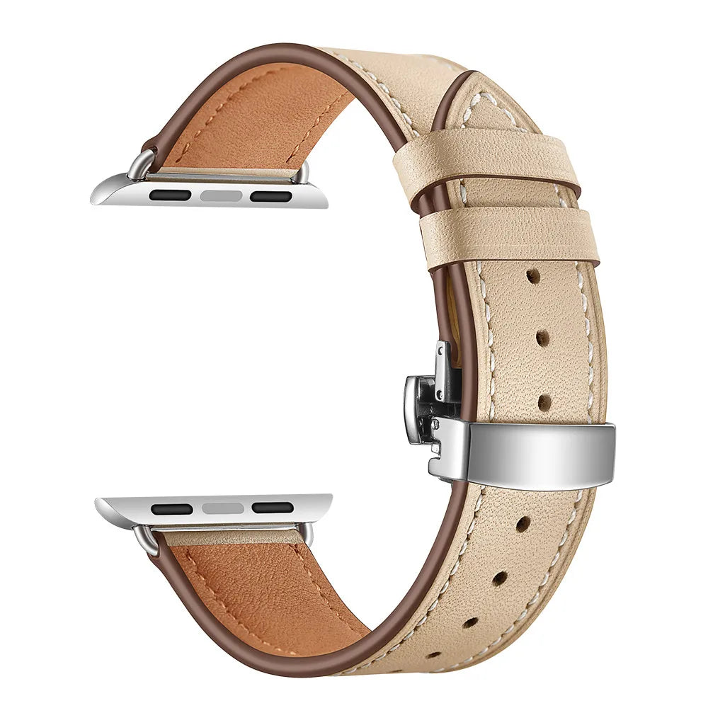 Contrast-Stitched Leather Apple Watch Band with Folding Clasp in Silver / Sand