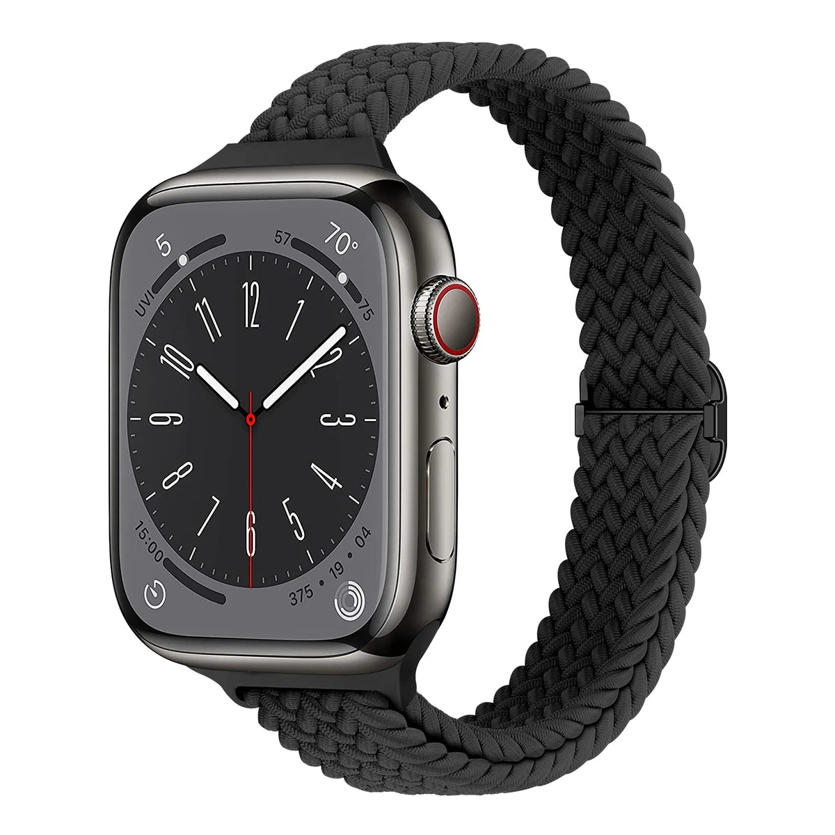 Black braided stretch nylon Apple Watch band with slider