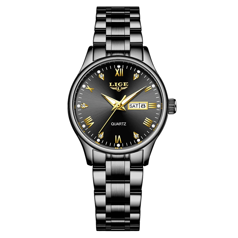 Women's 29mm Day-Date Quartz Bracelet Watch — Black / Black Dial