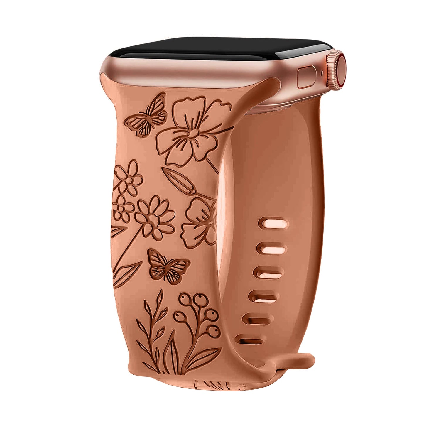 Apple Watch silicone strap with floral engraving in soft, waterproof design for style and comfort.