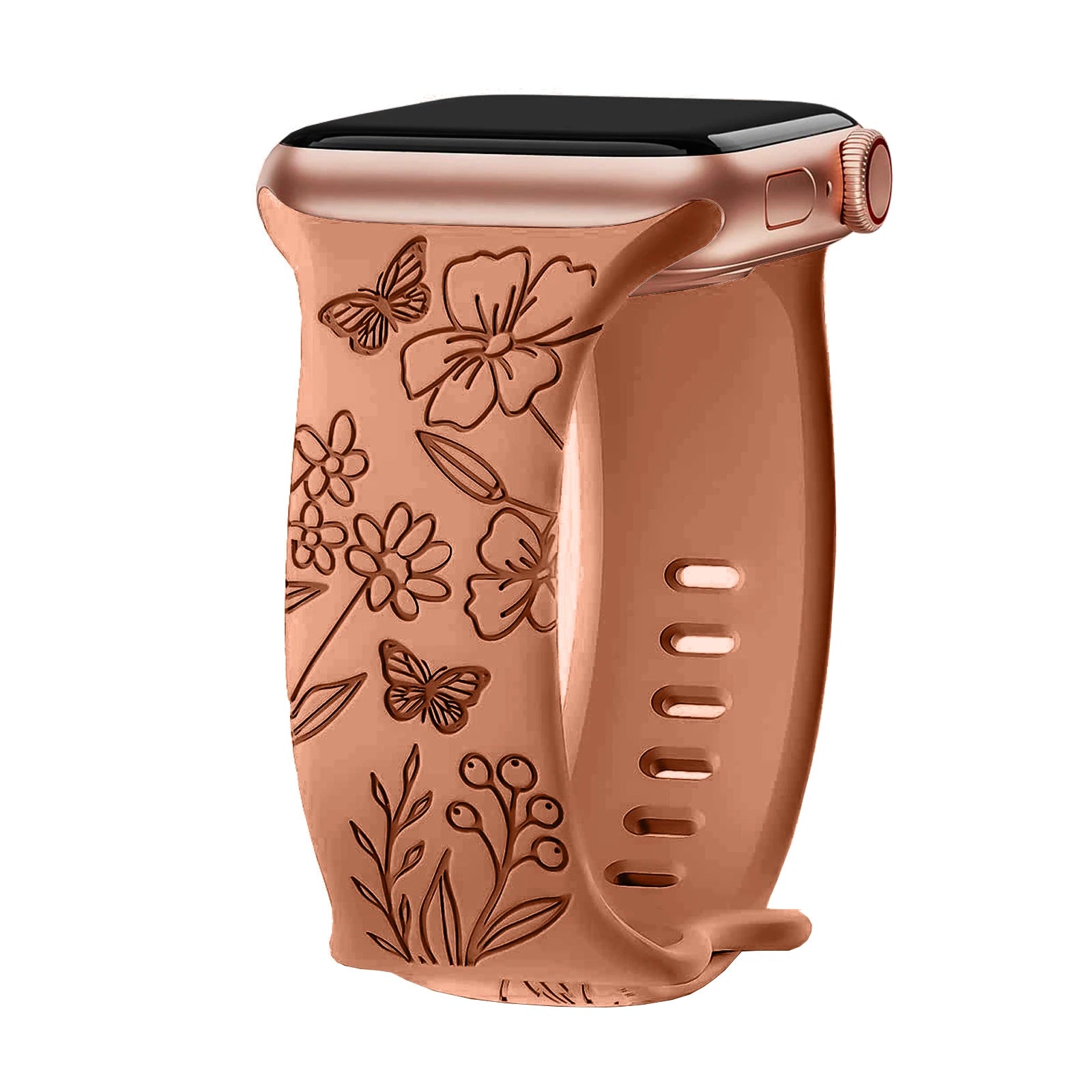 Apple Watch silicone strap with floral engraving in soft, waterproof design for style and comfort.