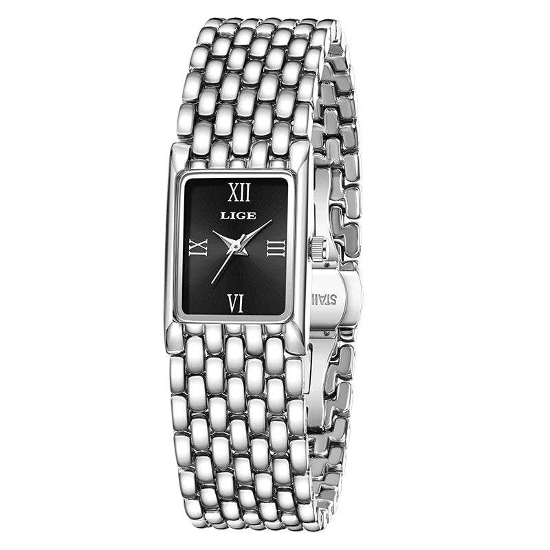 Women's Rectangular Roman Dial Bracelet Watch — Silver Tone / Black Dial — BandsCo Straps
