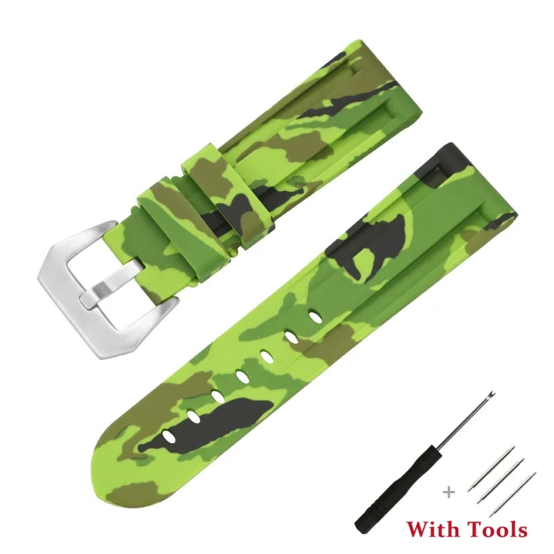 OnePlus Smartwatch Bands Silicone Sport Watch Strap Waterproof Bracelet in green camouflage pattern with tools included.