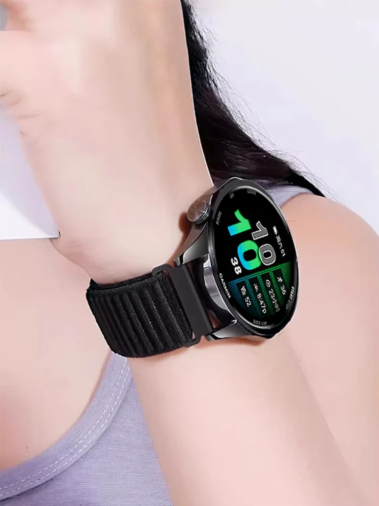 OnePlus Smartwatch Nylon Band Adjustable Breathable Sport Watch Strap on wrist displaying colorful watch face.