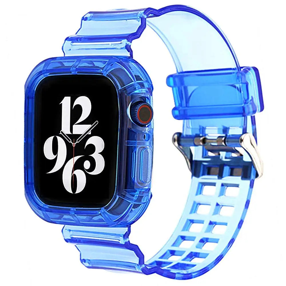 Apple Watch with transparent blue silicone strap, stylish and comfortable for any occasion.