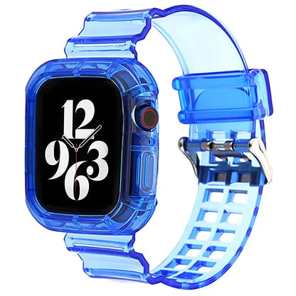 Apple Watch with transparent blue silicone strap, stylish and comfortable for any occasion.
