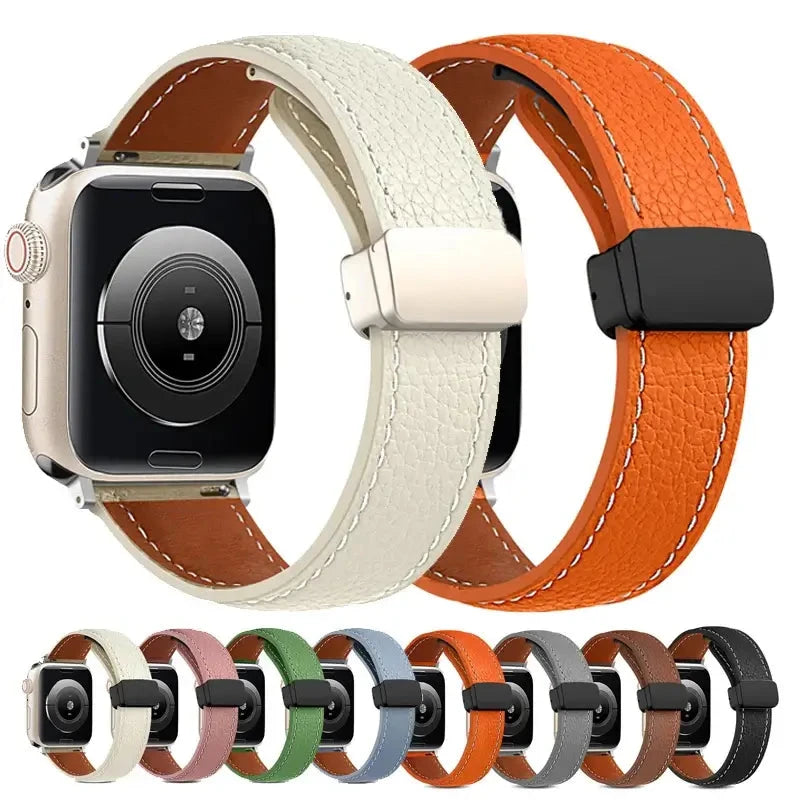 Ivory and orange stitched leather Apple Watch bands with a row of additional color options.