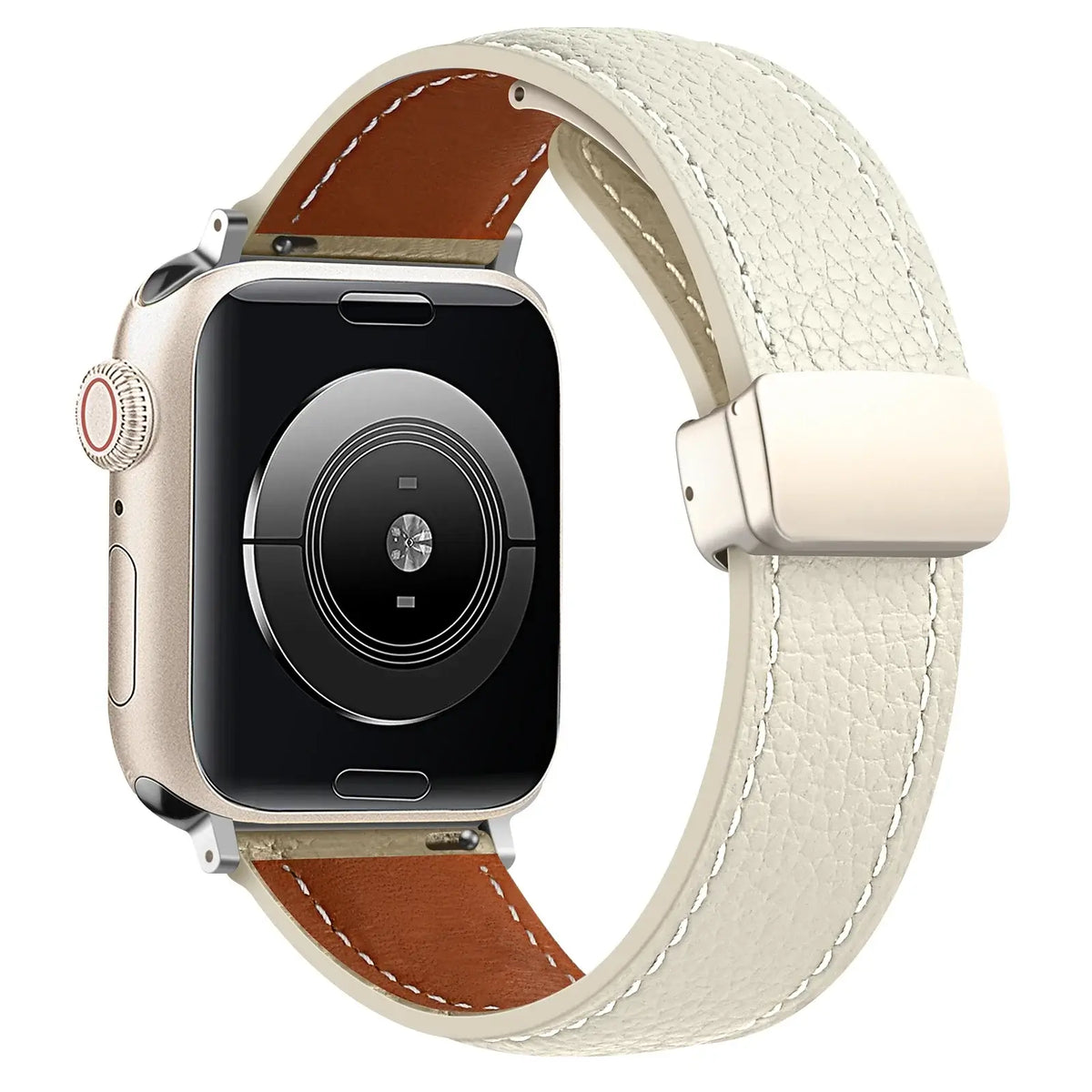 Stitched leather Apple Watch band in Ivory, with silver-tone folding clasp.