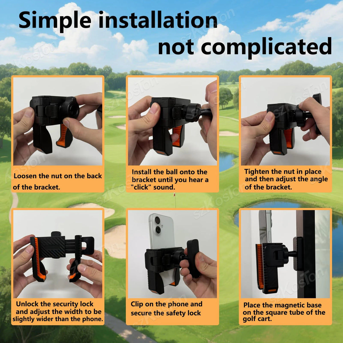 Magnetic Golf Cart Phone Holder, Clamp Grip for 4.5 to 7 in Phones