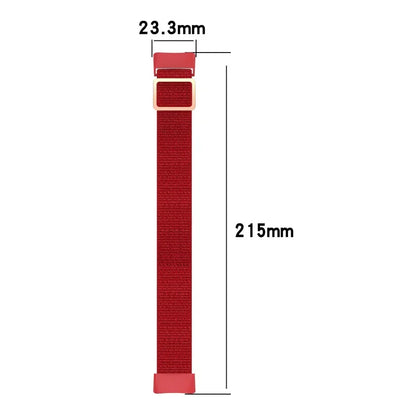Red elastic nylon loop band dimensions for Fitbit Charge 5, measuring 23.3mm wide and 215mm long.