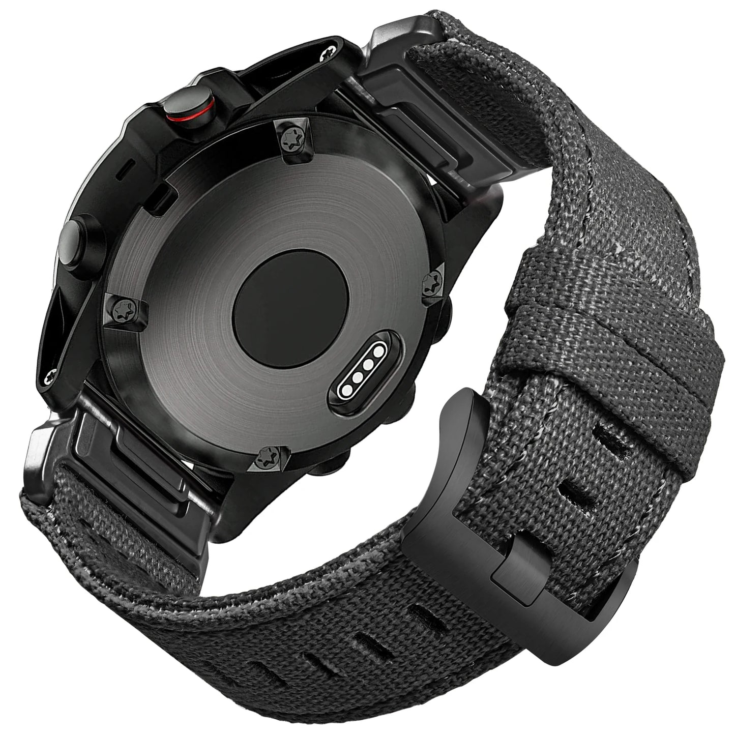 Garmin smartwatch featuring a durable black woven nylon sport band with secure G-hook closure.