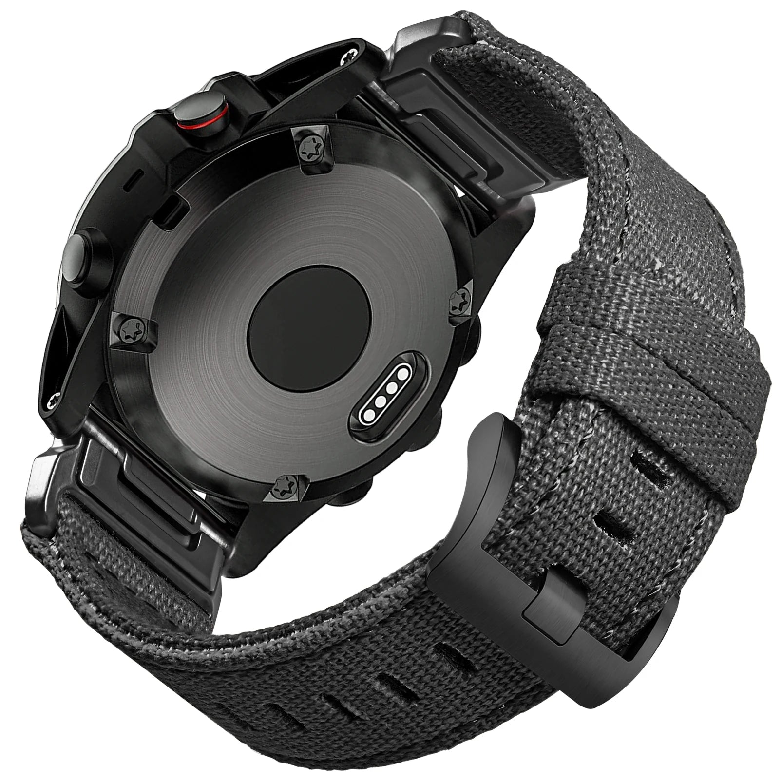Garmin smartwatch featuring a durable black woven nylon sport band with secure G-hook closure.