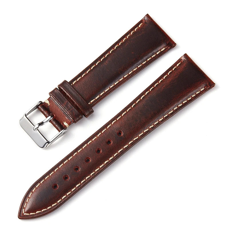 OnePlus Watch Bands, Oil Wax Leather Strap, Cowhide Replacement Band in brown leather with silver buckle.