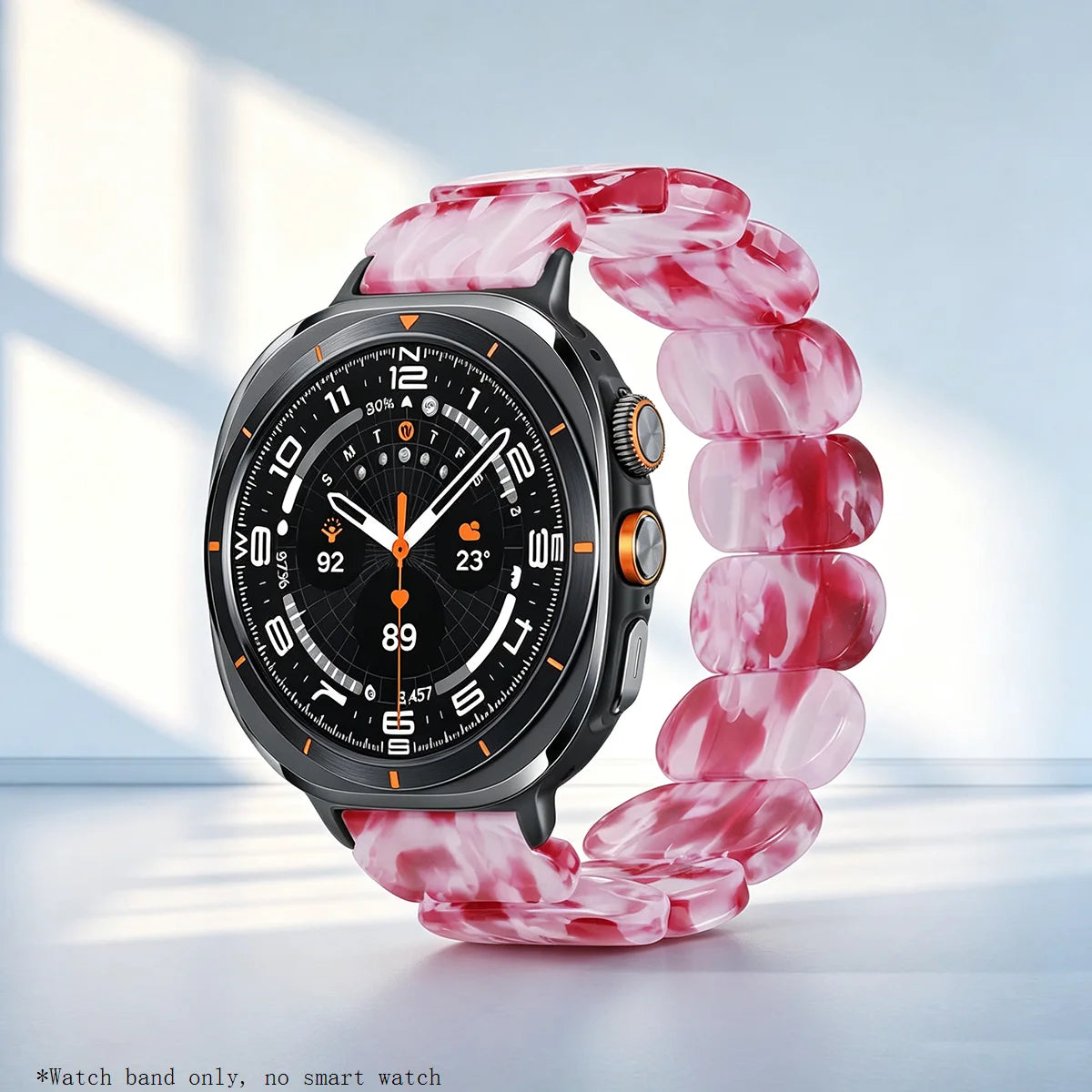Samsung Galaxy Resin Link Watch Band – Metal Connector Watch8/Watch8 Classic/Watch9 in peach pink color on a smartwatch.