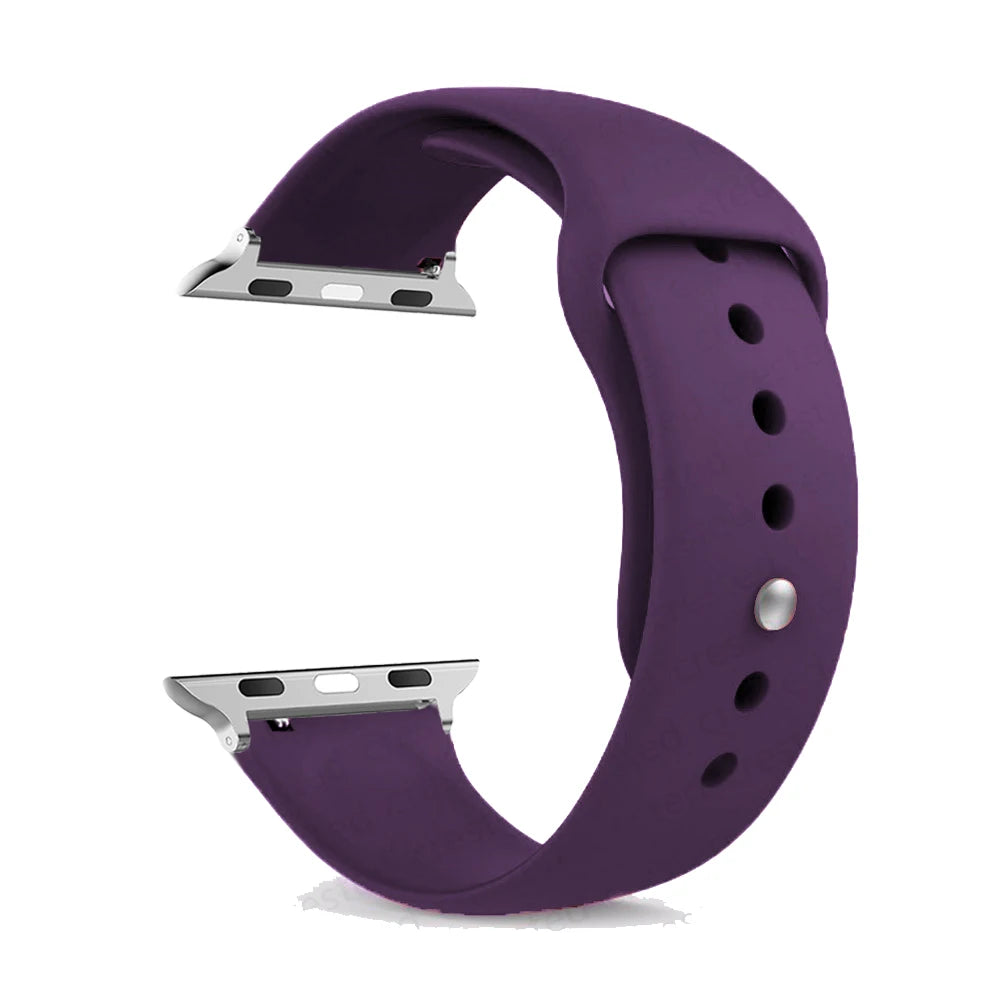 Purple silicone strap for Apple Watch, waterproof and comfortable band for daily wear and workouts.