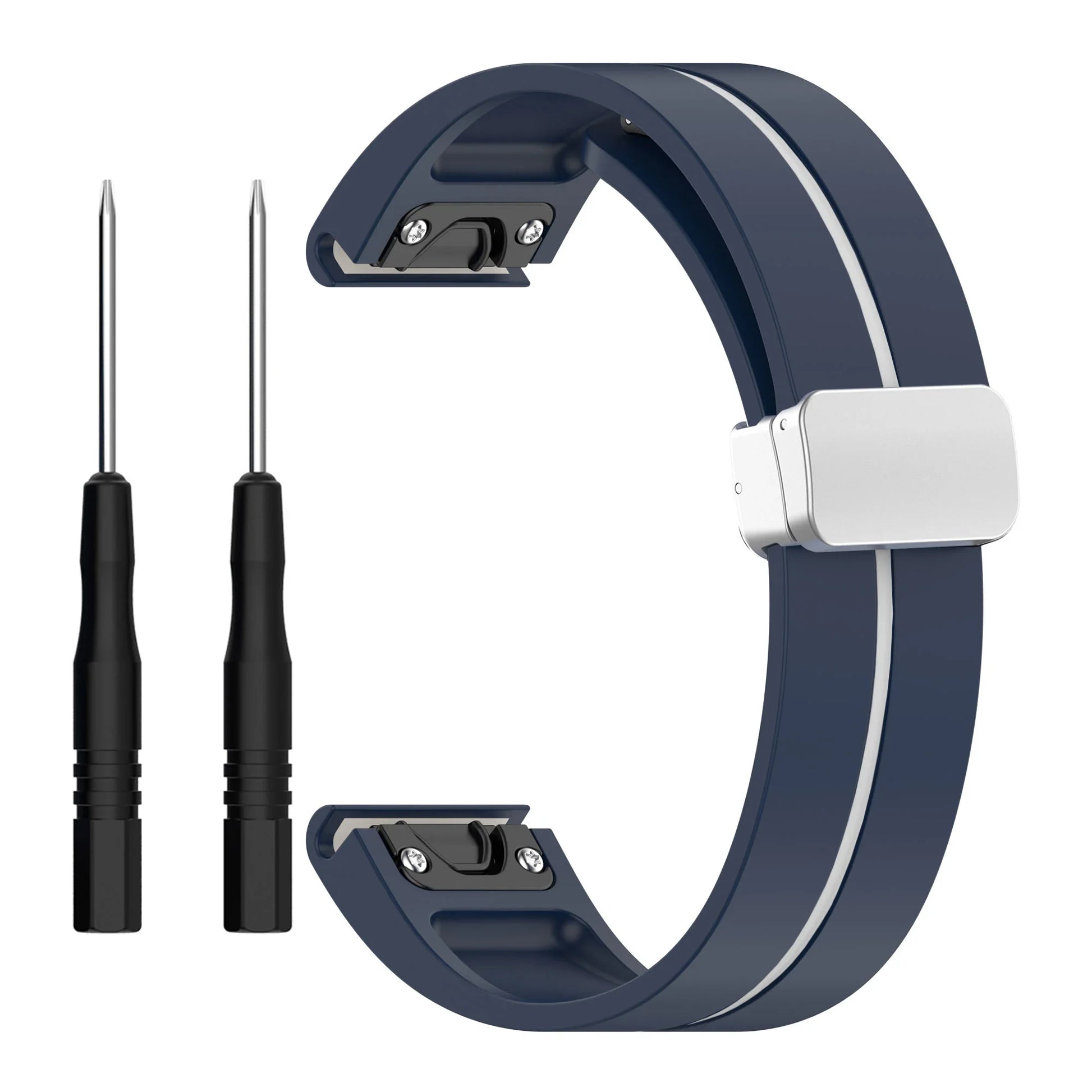 Garmin silicone smartwatch strap in navy blue with quickfit tools for easy replacement and secure fit.