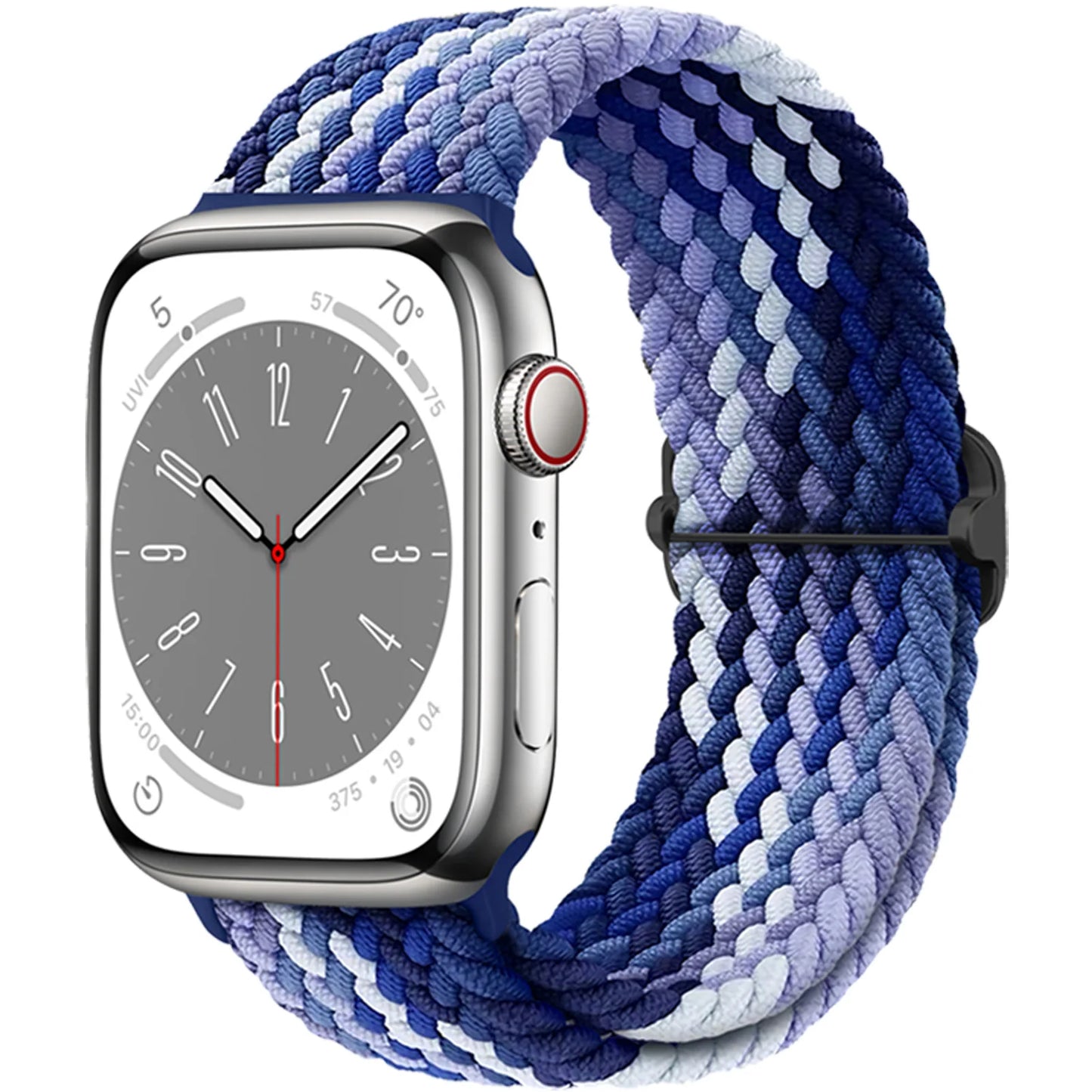 Apple Watch with braided nylon strap in shades of blue and purple, showcasing comfort and style for daily wear.