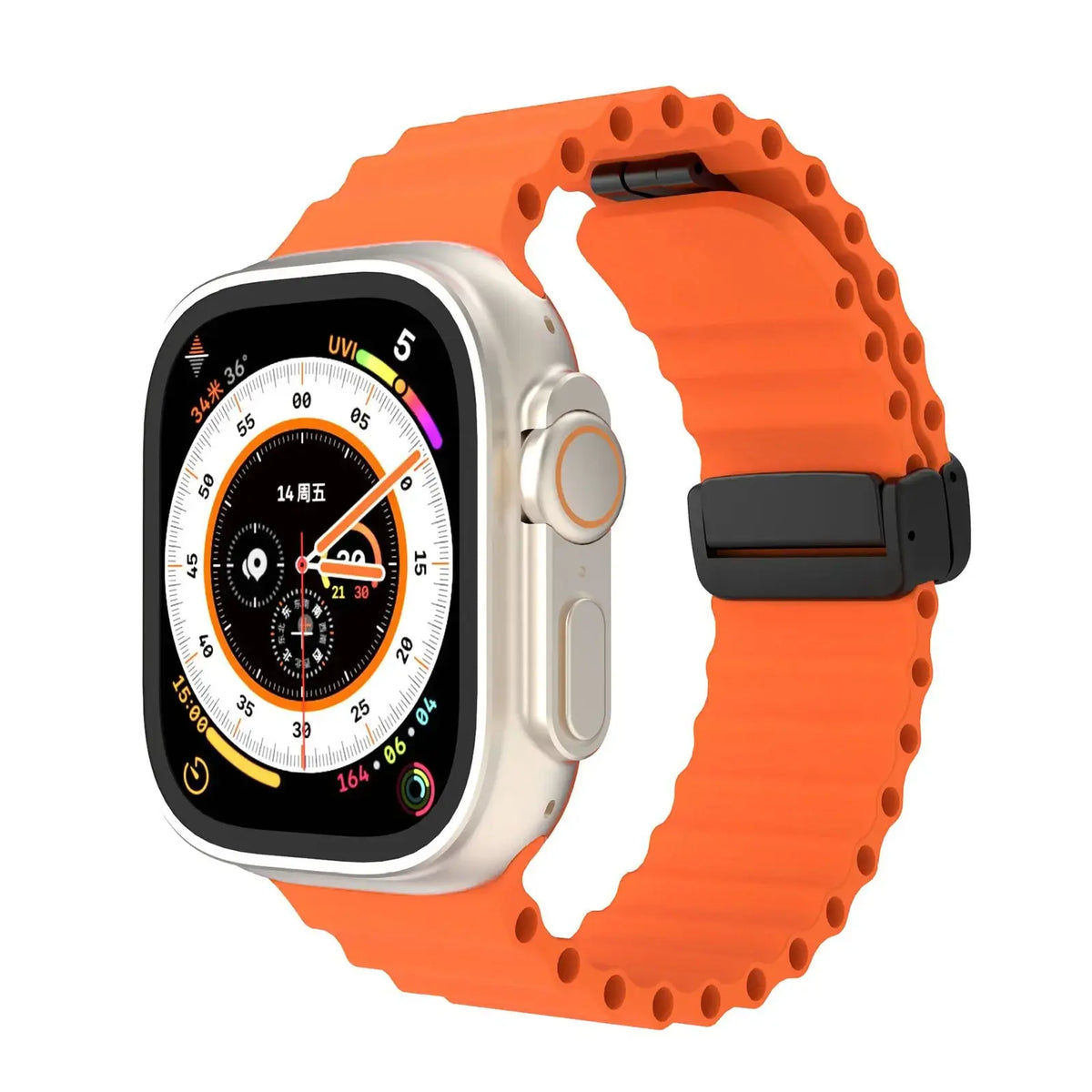 Orange ridged silicone Apple Watch band with magnetic clasp