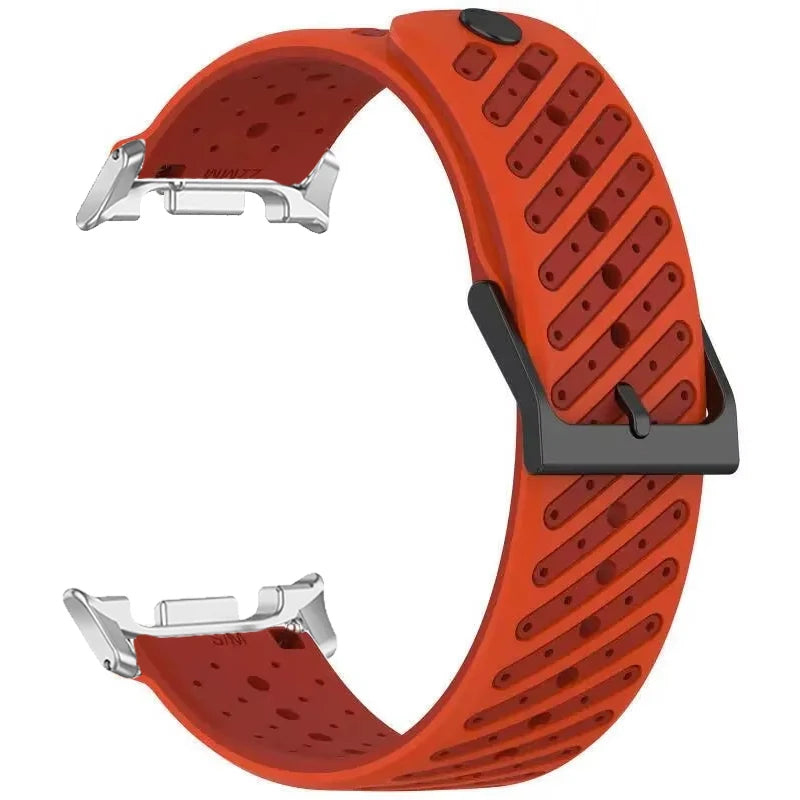 Samsung Galaxy Silicone Sport Watch Band - Watch 8/8 Classic/9 Ultra/Ultra2 Breathable in orange-red-silver with diagonal vent slits.