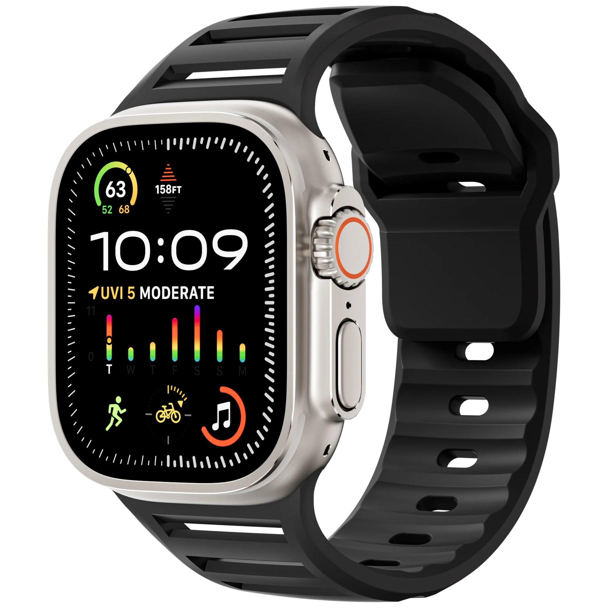 Apple Watch with black silicone sport strap, showcasing fitness tracking features and modern design.
