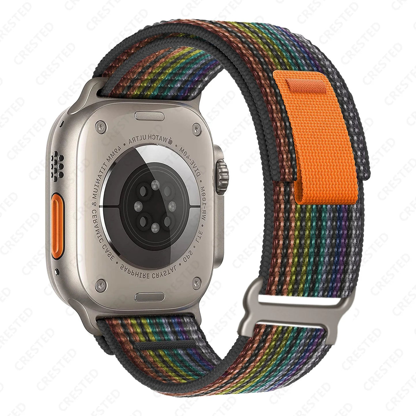 Apple Watch with durable Trail Loop nylon strap, featuring a colorful design and quick adjustment feature for comfort.