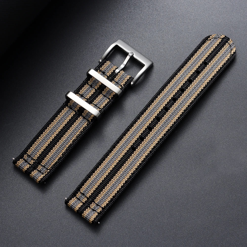 OnePlus Smartwatch Bands Ribbed Nylon Woven Canvas Fabric Quick Release Watch Straps in black and gold design.
