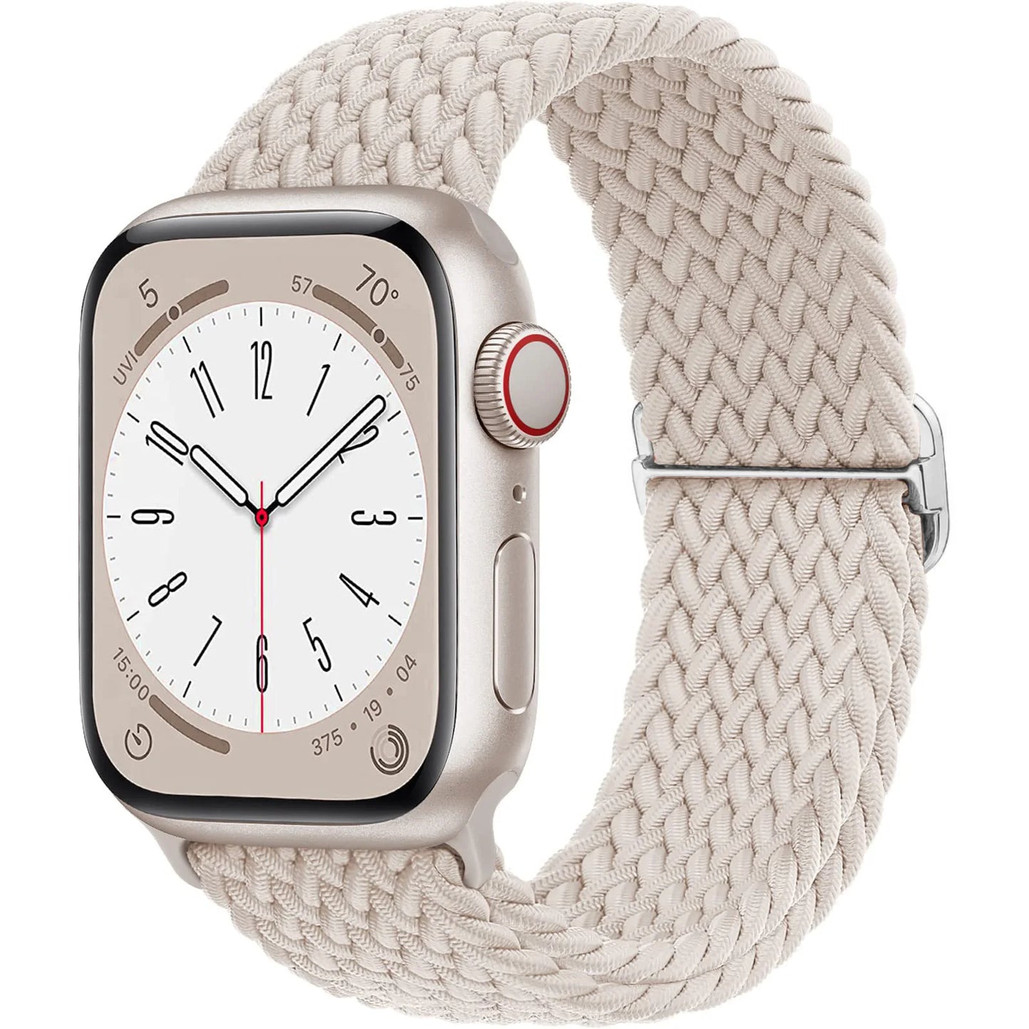 Apple Watch with a soft elastic nylon braided strap in light beige, showcasing a stylish and comfortable design for daily wear.