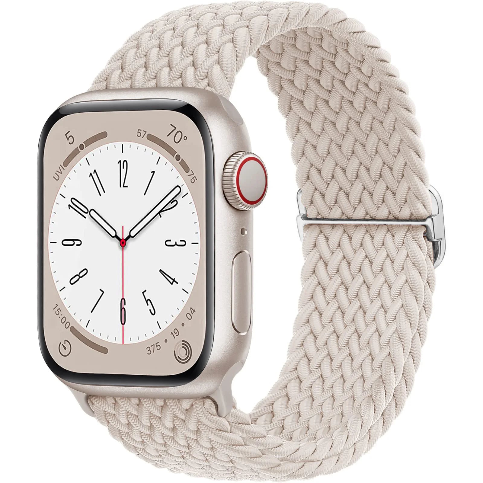 Apple Watch with a soft elastic nylon braided strap in light beige, showcasing a stylish and comfortable design for daily wear.