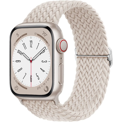Apple Watch with a soft elastic nylon braided strap in light beige, showcasing a stylish and comfortable design for daily wear.
