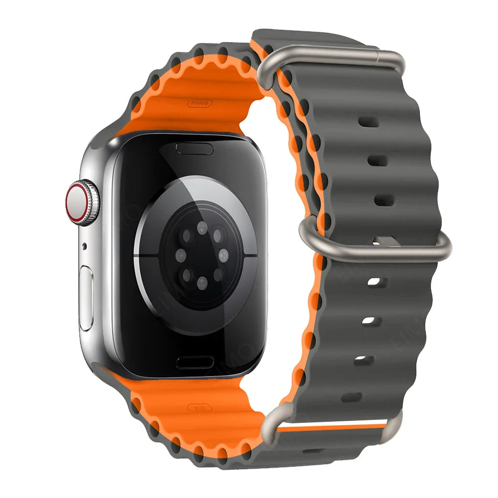 Apple Watch Silicone Strap in black and orange, waterproof and breathable, perfect for active lifestyles and sports.