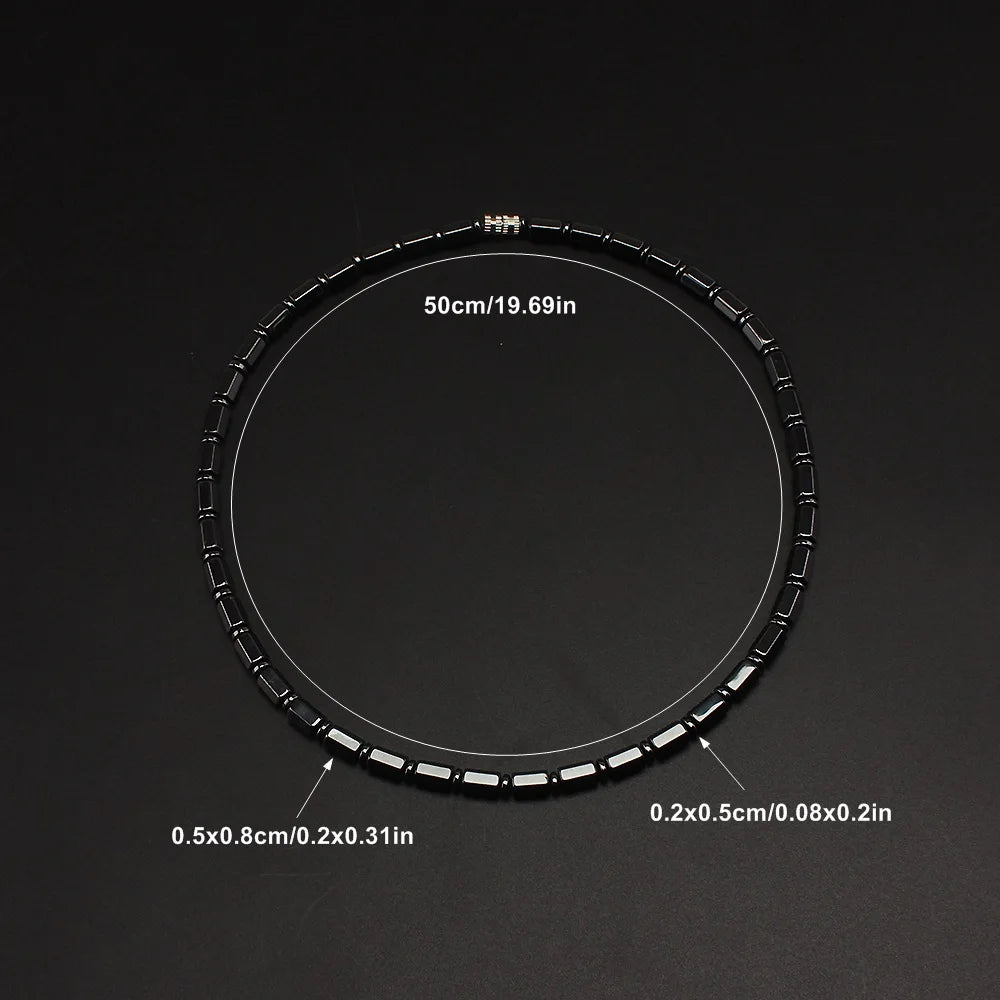 Simulated hematite bamboo bead necklace with its 50cm length and bead size marked