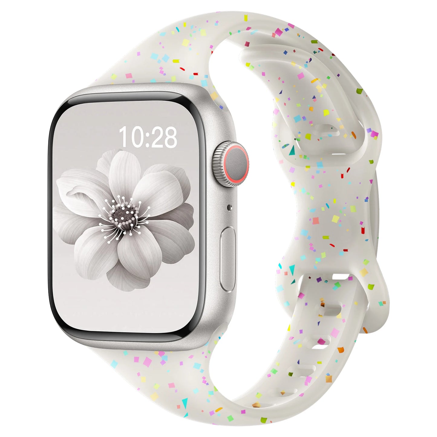 Colorful Apple Watch silicone band with a flexible design featuring confetti patterns on a white background.