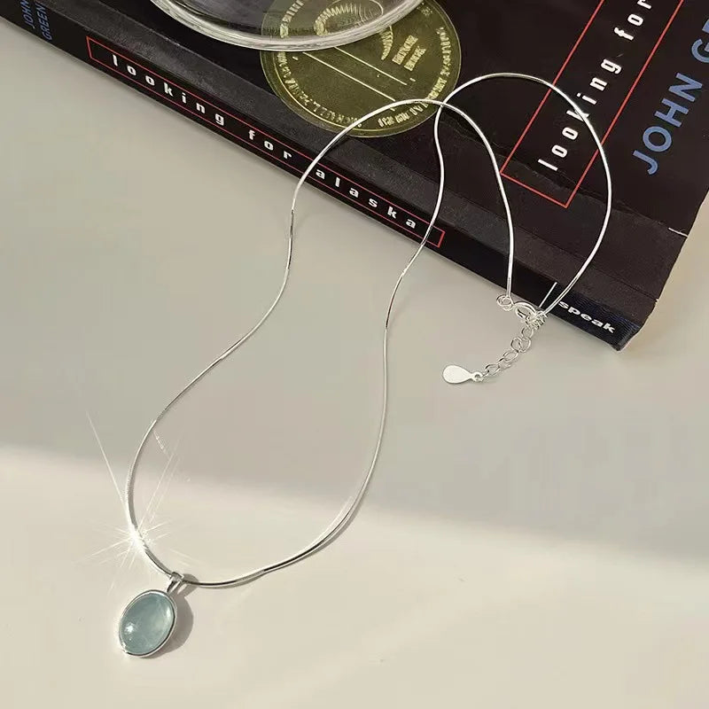 Oval Blue Simulated Moonstone Pendant Necklace, 925 Sterling Silver, photo 5