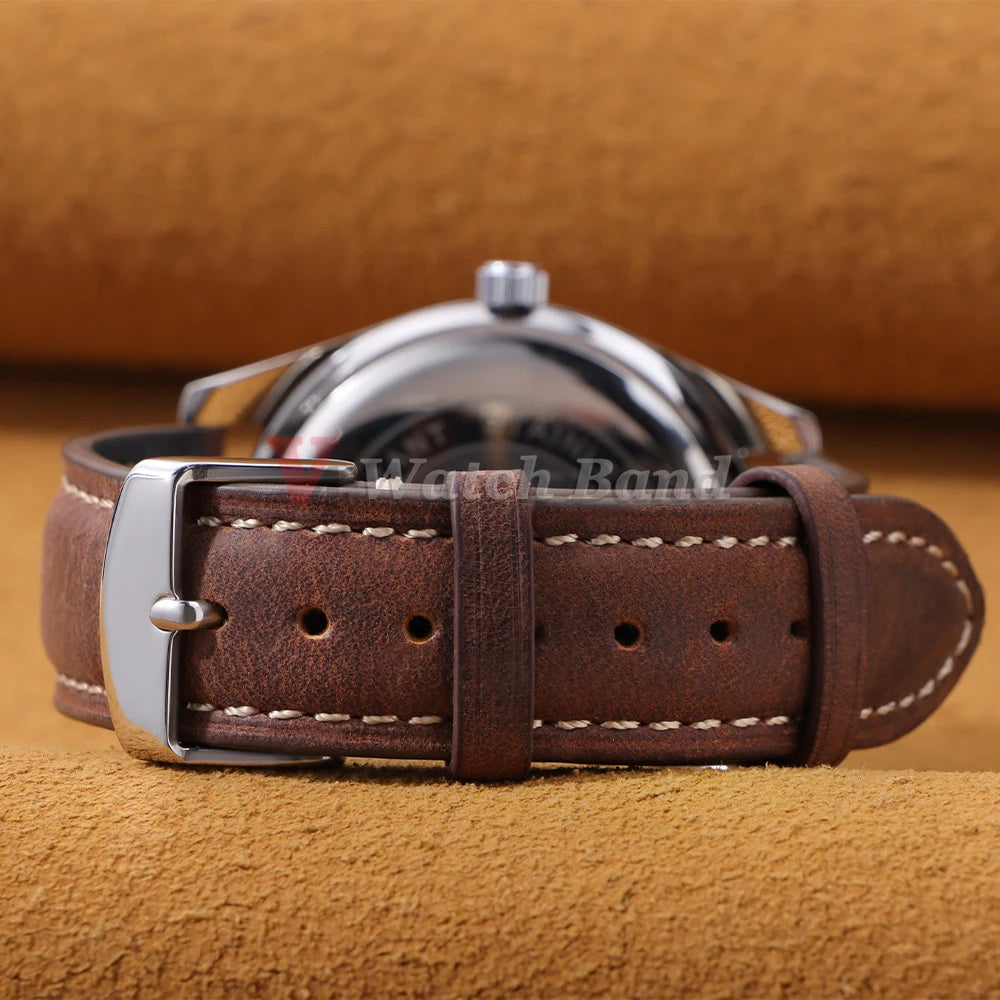 Vintage Stitched Leather Band in dark brown on a watch