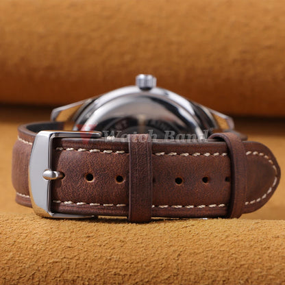 Vintage Stitched Leather Band in dark brown on a watch
